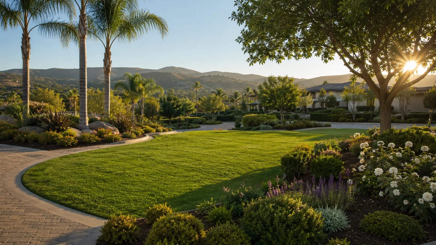 Lush landscaped lawn with palm trees and rolling hills in the Temecula Valley